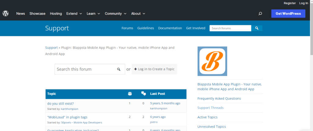 Blappsta WordPress Blog App homepage