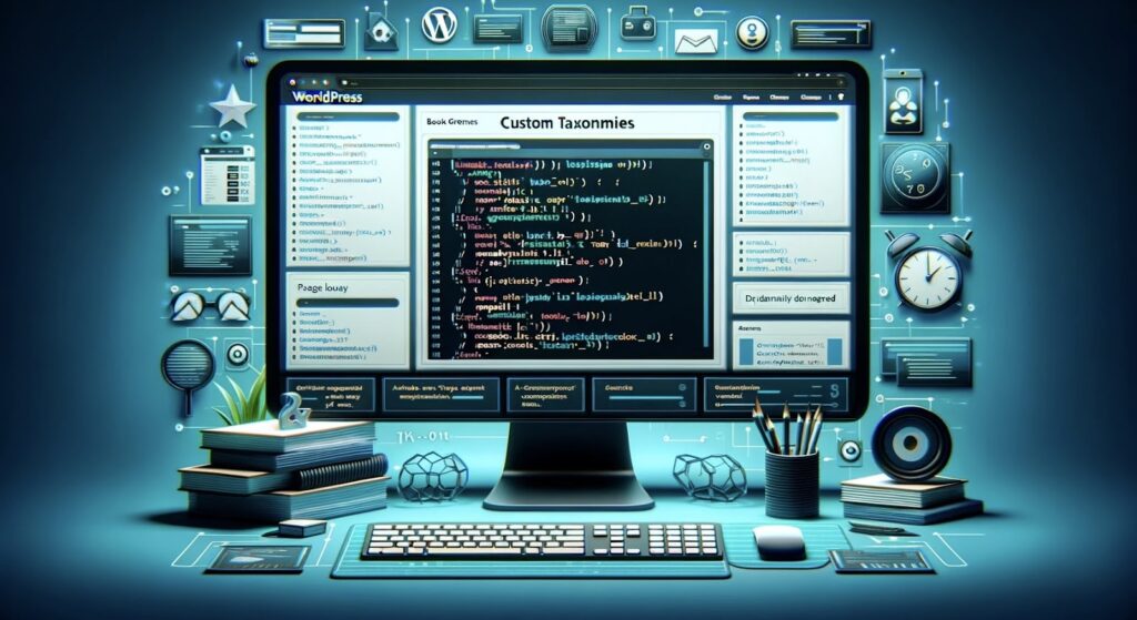 Computer screen with WordPress dashboard, code-behind is_tax() function and taxonomy templates