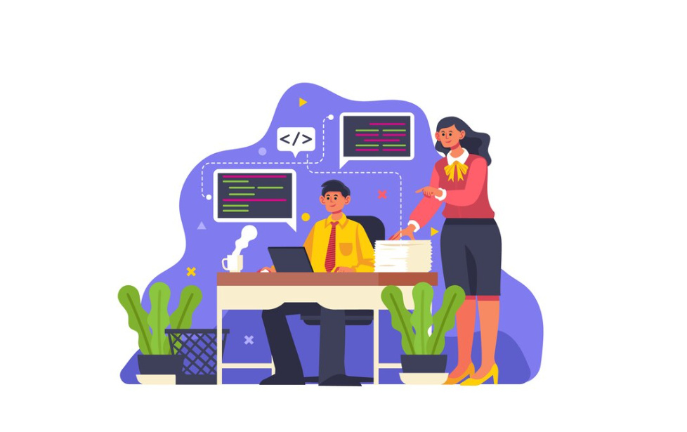 An illustration of a man and woman working with code and documents